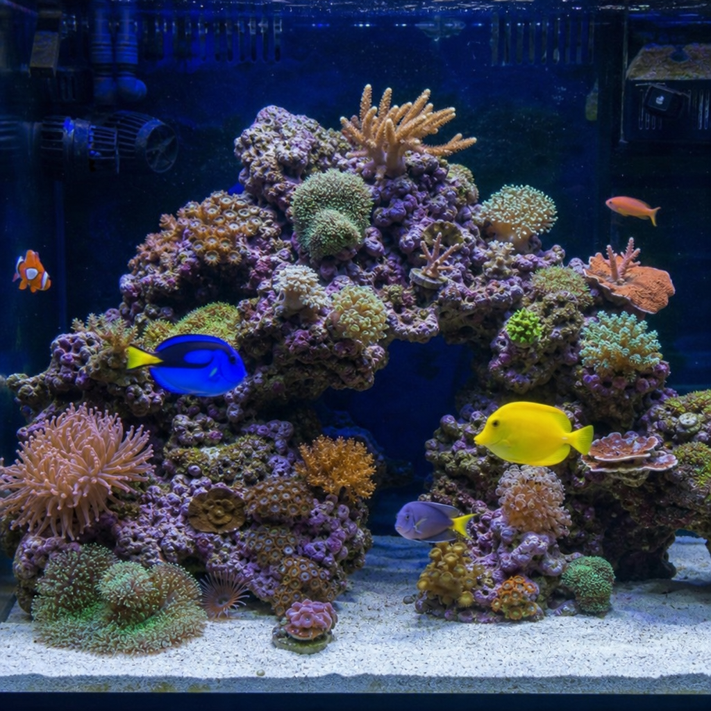healthy reef aquarium with tang fish and live rock